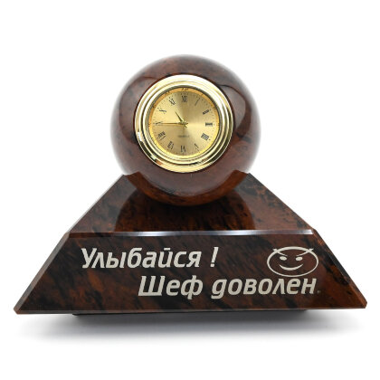 Настольный прибор "Шефик" из обсидиана треугольник с шаром с часами