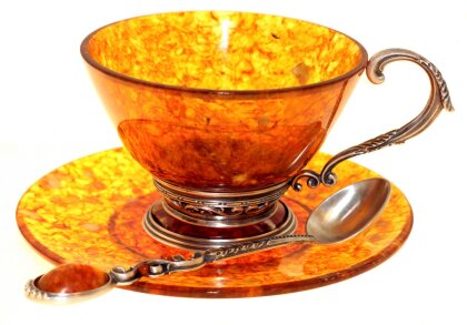 Чашка чайная ажурная из янтаря с ложкой